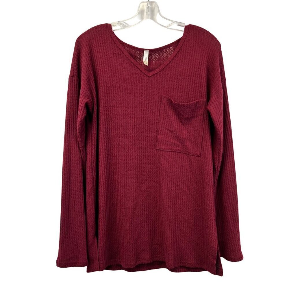 Magic Fit Women’s V-Neck Waffle Knit Sweater Wine Size Medium Lightweight